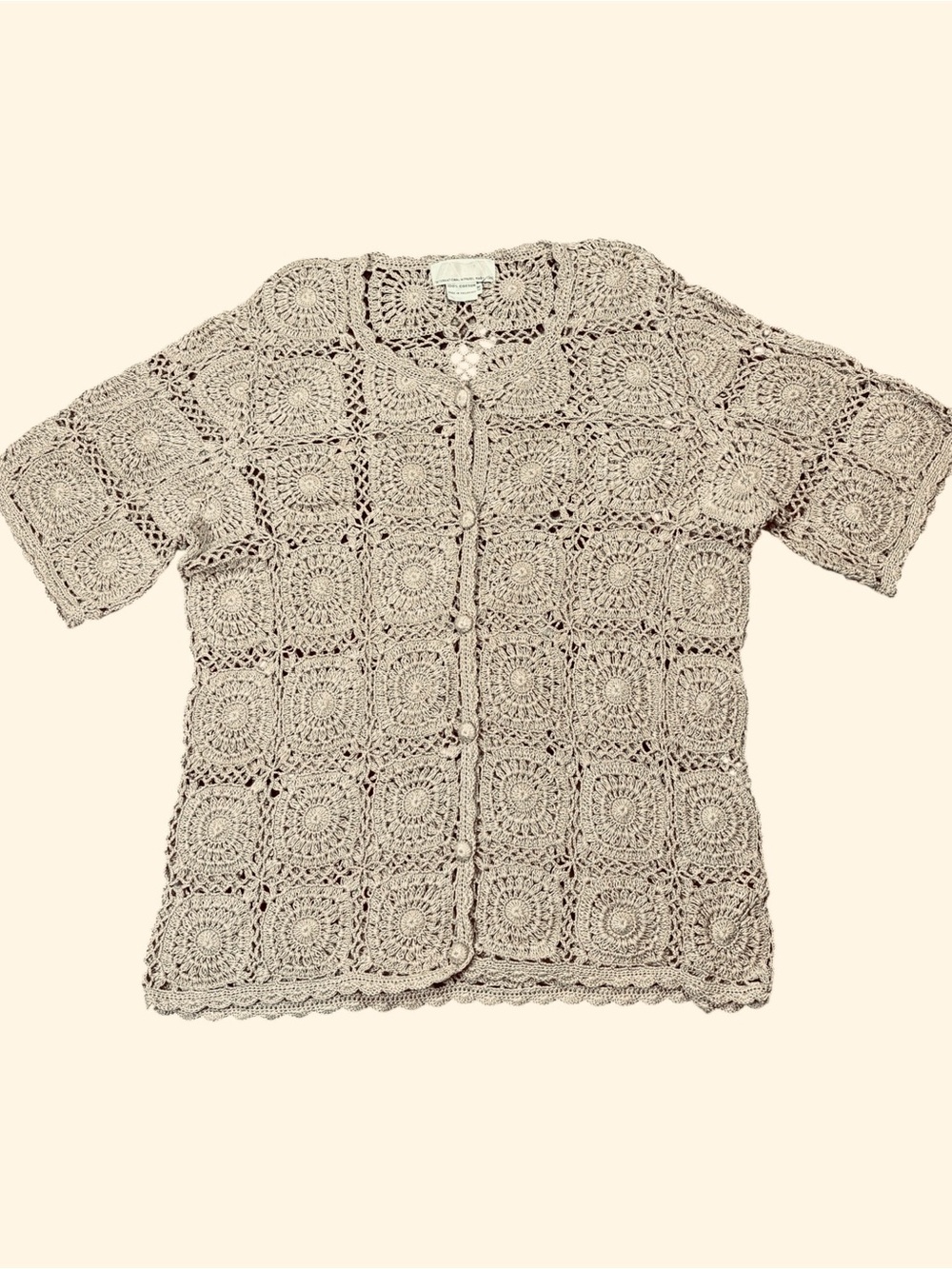 Vintage International Apparel Mart Crochet Short Sleeve Cardigan Women's 1X Tan